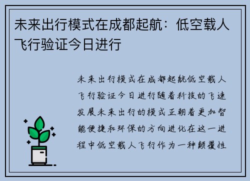 未来出行模式在成都起航：低空载人飞行验证今日进行