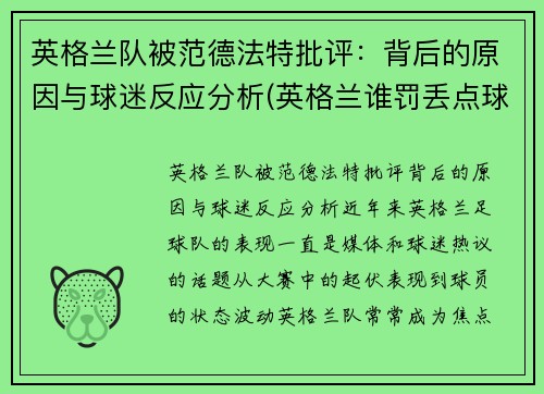 英格兰队被范德法特批评：背后的原因与球迷反应分析(英格兰谁罚丢点球)