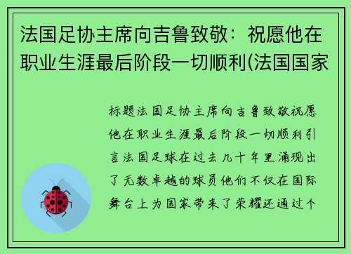 法国足协主席向吉鲁致敬：祝愿他在职业生涯最后阶段一切顺利(法国国家队吉鲁)